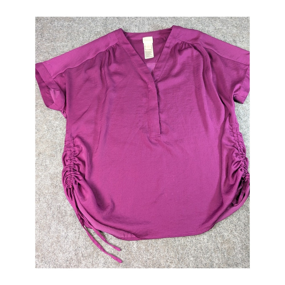 Chicos Purple V-Neck Ruched Side Tie Short Sleeve Blouse Size 1 M/L